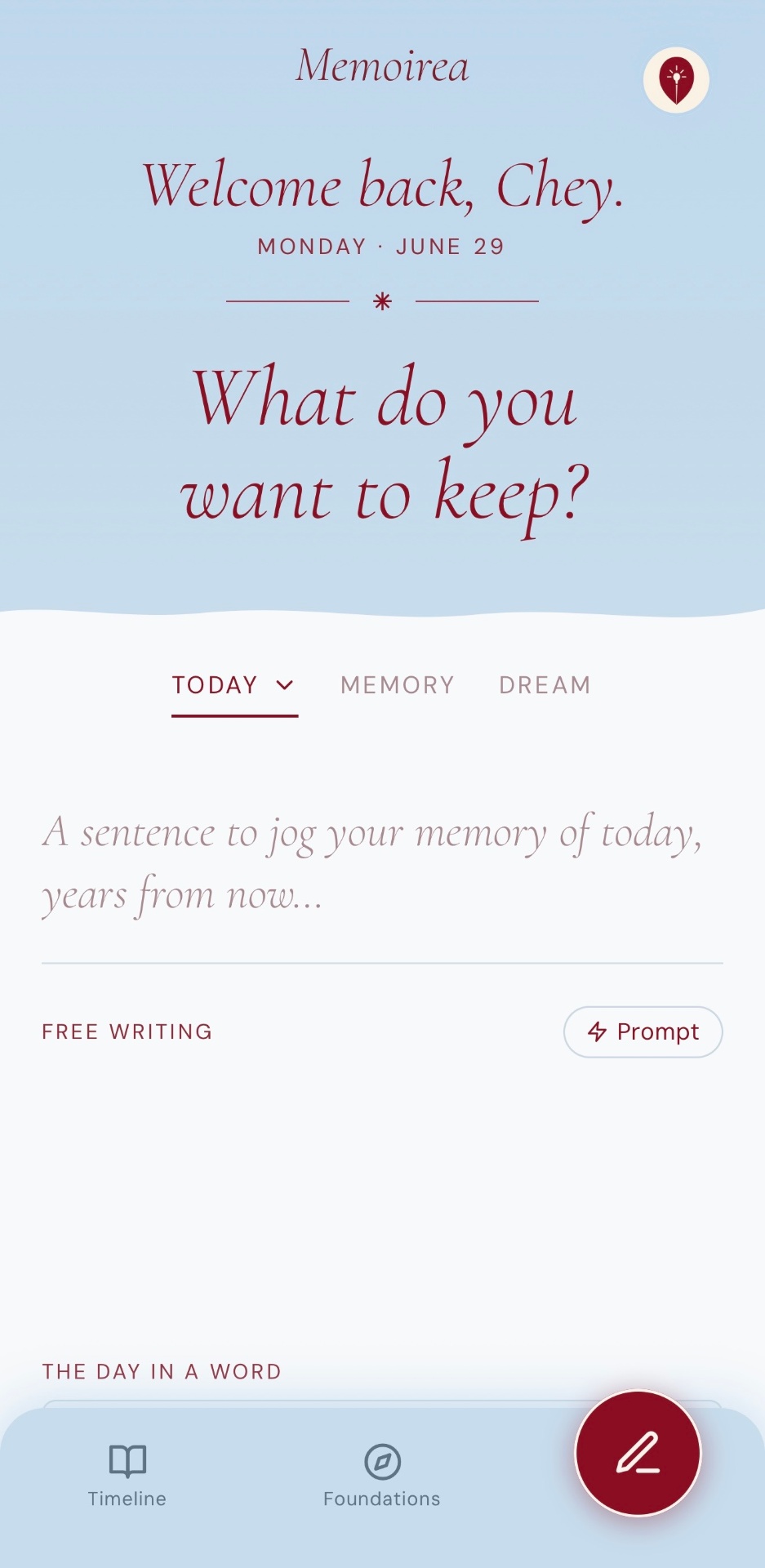 Memoirea Today screen with a daily writing prompt