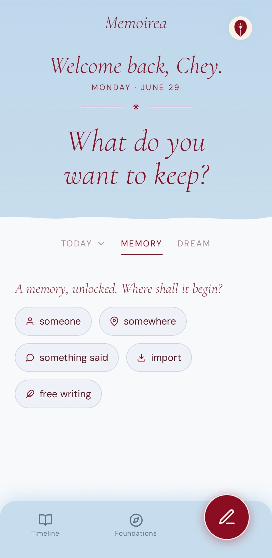 Memory subject picker — someone, somewhere, something said